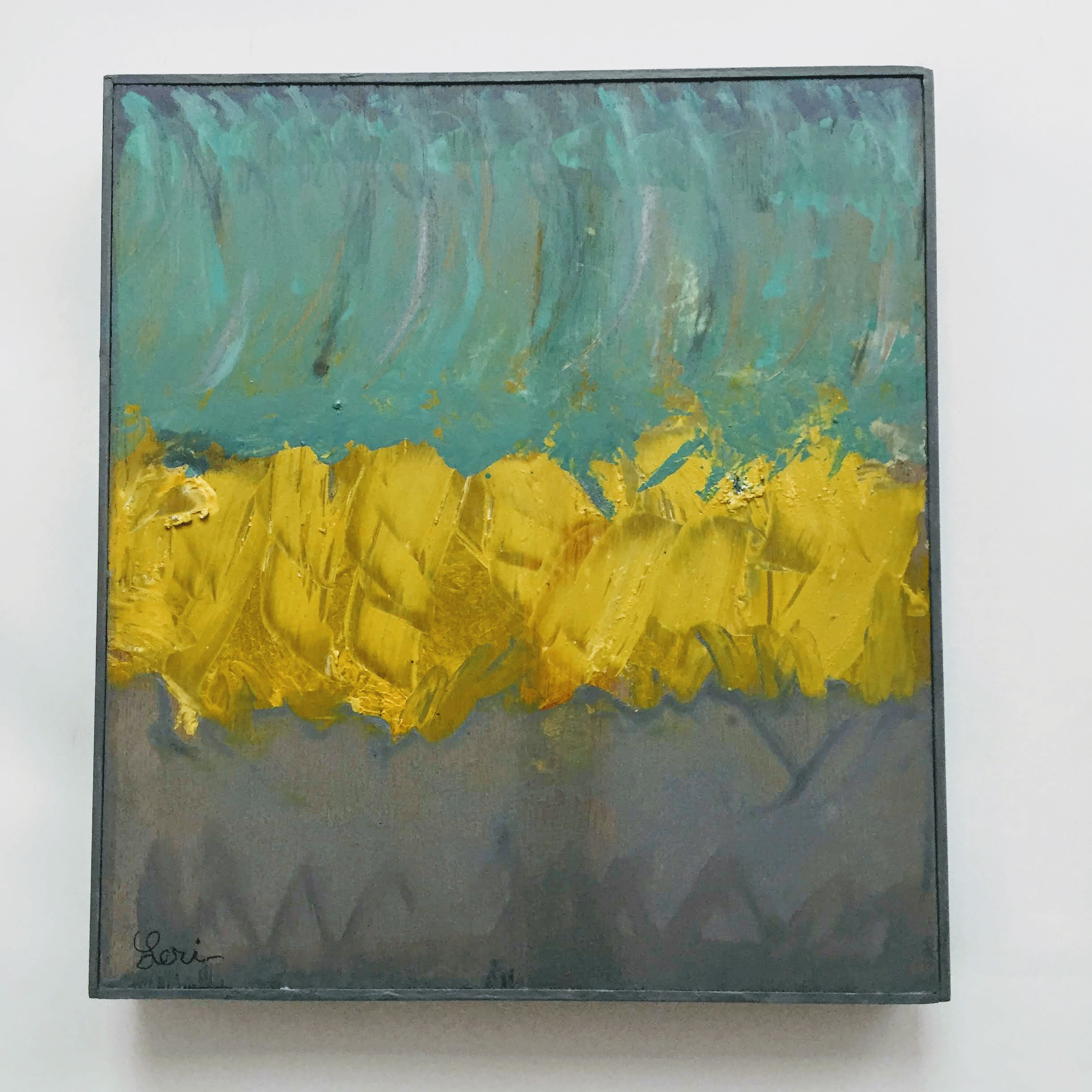Turquoise and Yellow, 2019, acrylic paint on wood panel, 16x 14 in, $900