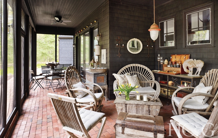 The bent-twig fan-backed chairs on the back porch are from Mexico.