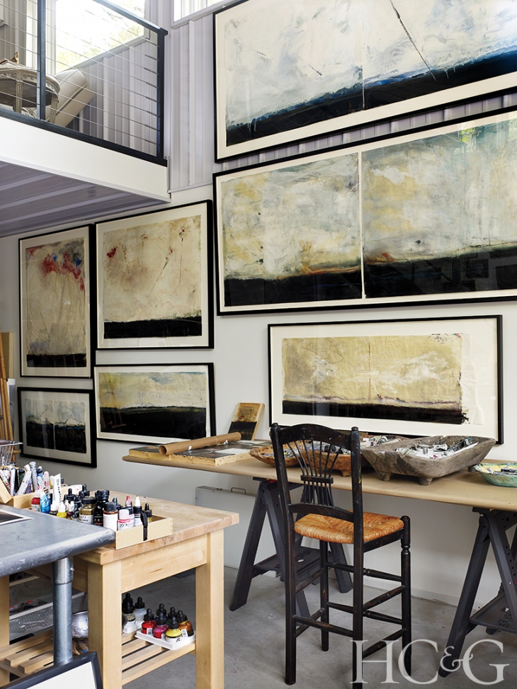  A wall in O’Donnell’s studio is dedicated to her latest mixed- media work: encaustic, oil, and ink on Japanese rice paper. 