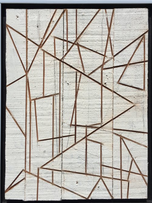 Untitled Composition II, 2019, house paint on incised reclaimed lumber, 12 x 16 in, $1200