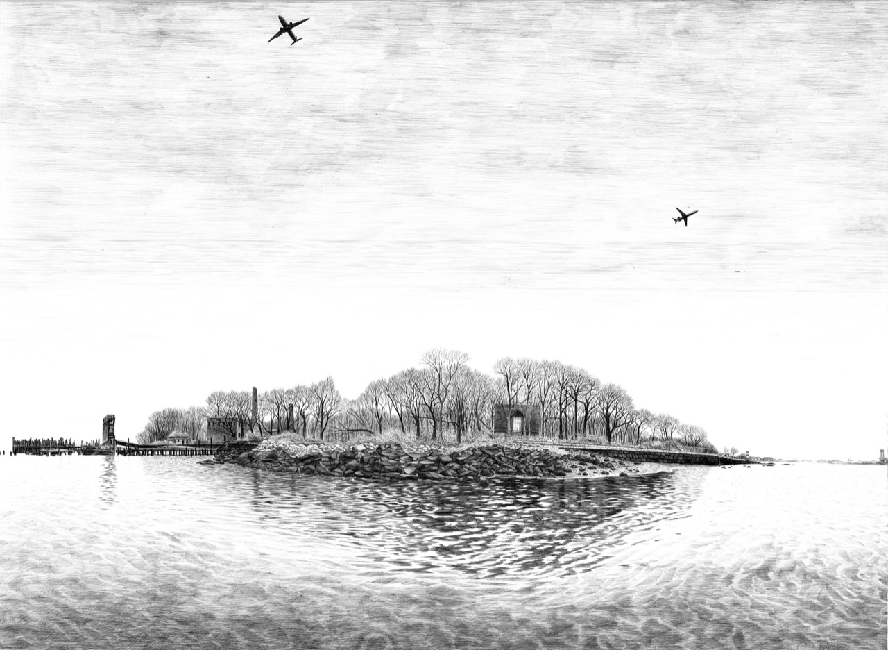 North Brother Island, 2016, ballpoint pen on paper, 33.5 x 50 inches in frame