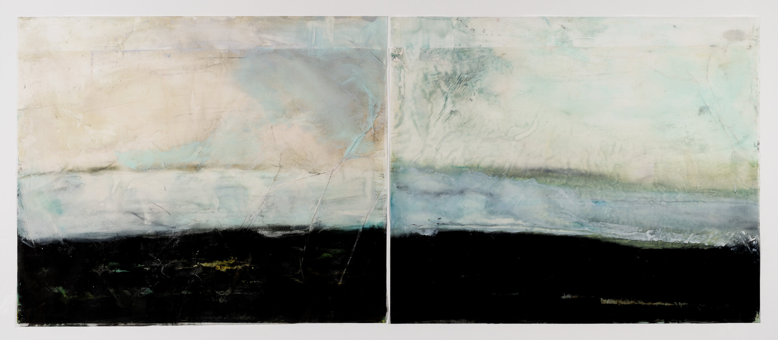 Old House Beach, 2019, diptych, encaustic wax on Japanese rice paper, 32 x 56 in, $5,000