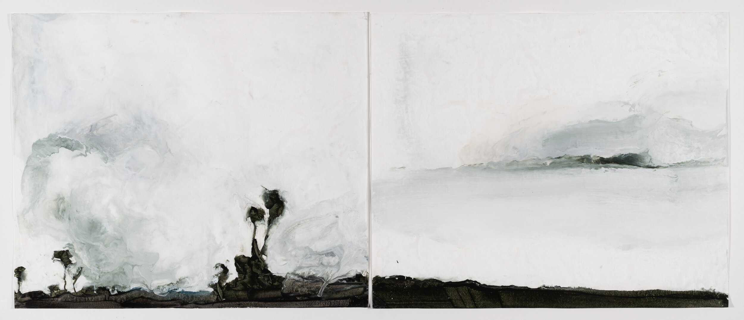 Gardiner’s Island, 2019, diptych, encaustic wax on Japanese rice paper, 32 x 56 in, $5,000
