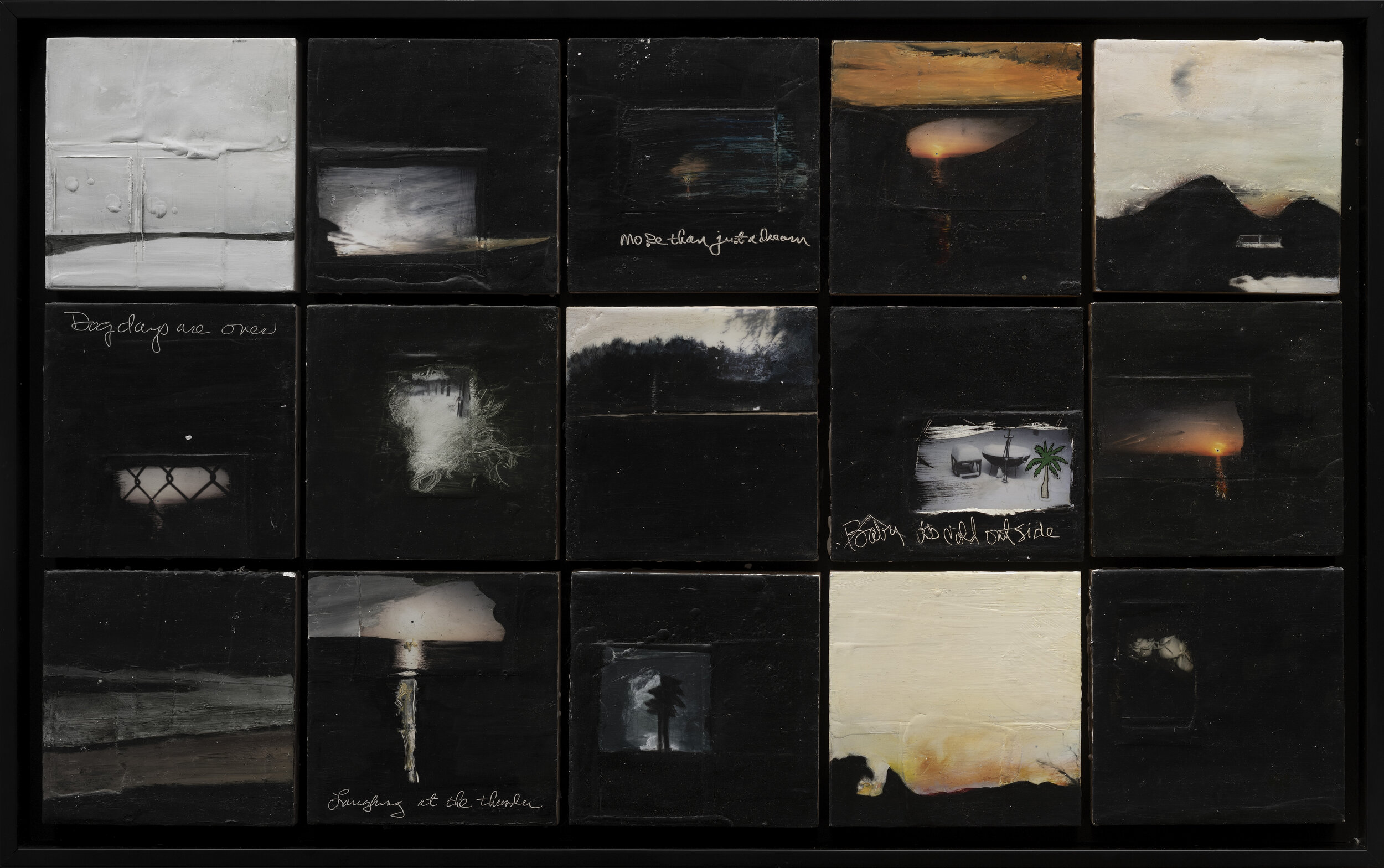 15 Seasons in the Hamptons, 2016, polaroid, encaustic wax, oil stick on panel, 20 x 32 in, $3,200