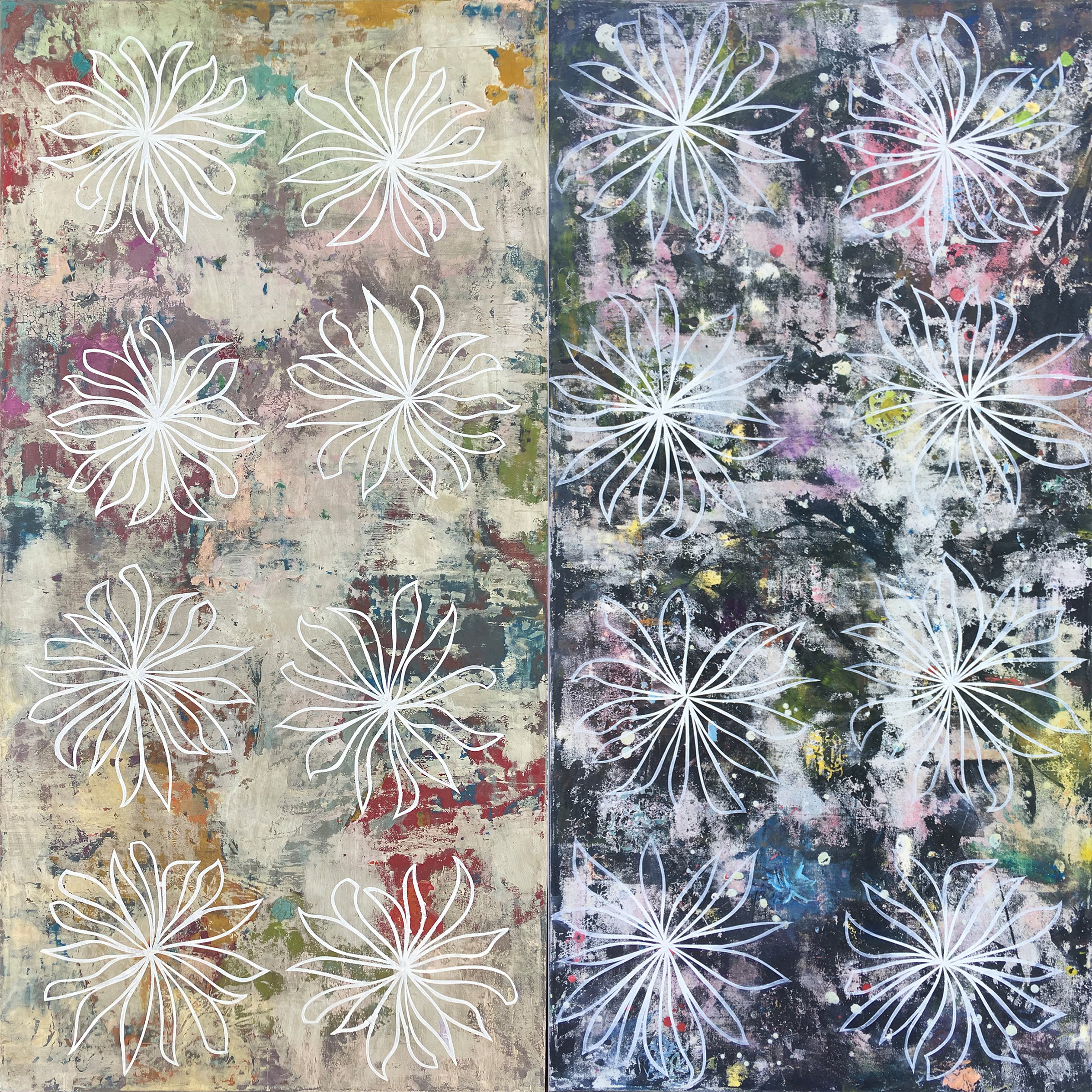 Perry Burns, Flower Galaxy Diptych, Oil on canvas, 72 x 72 inches $10,500, Flower Galaxy 1 and 2, 36 x 72 each, $6500 each