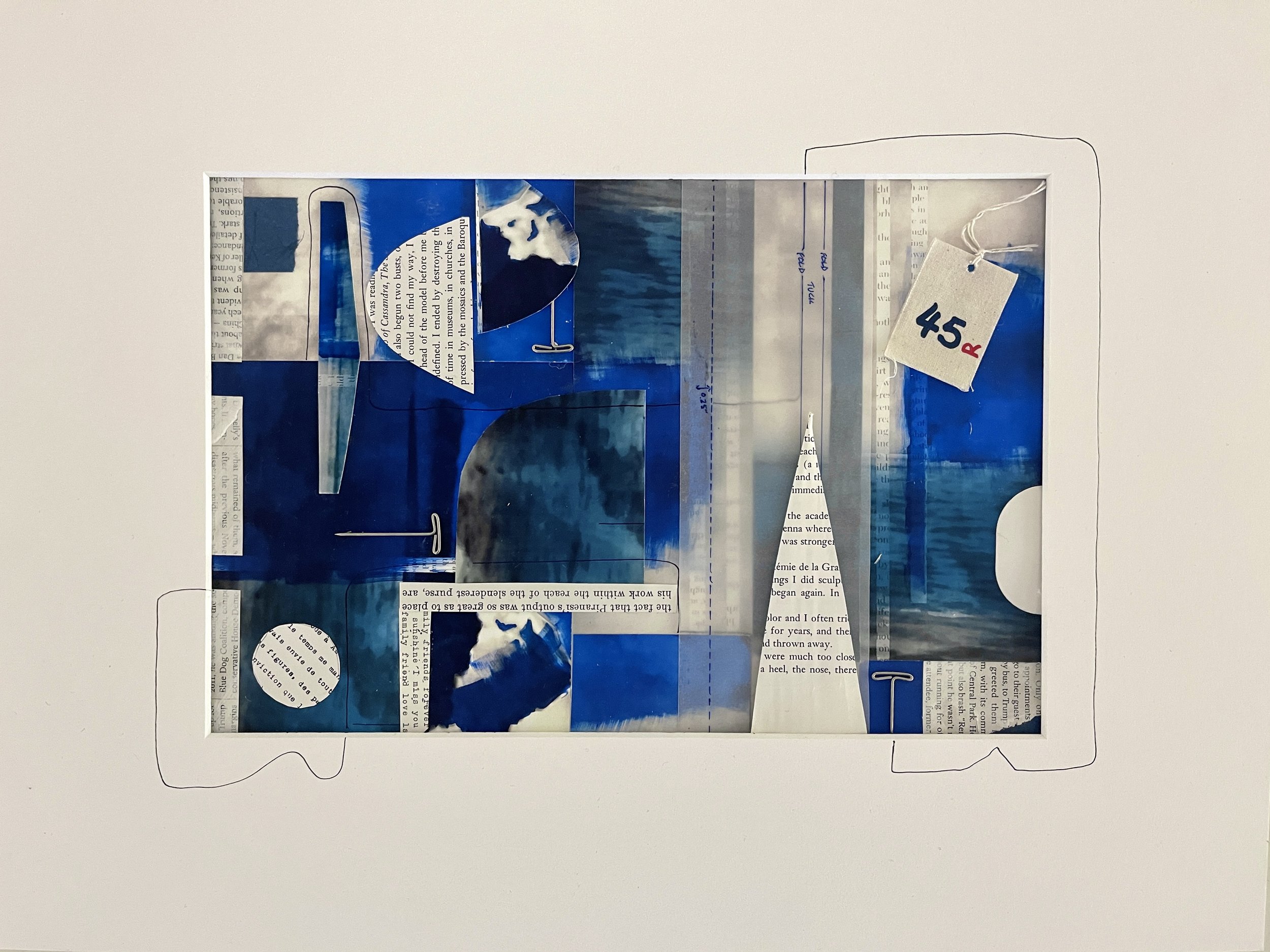 Lapis  2022, photograph cuttings, acrylic paint, newsprint,ink, upholstery pins, 16 x 20" (40.64 x 50.8 cm) $1800 