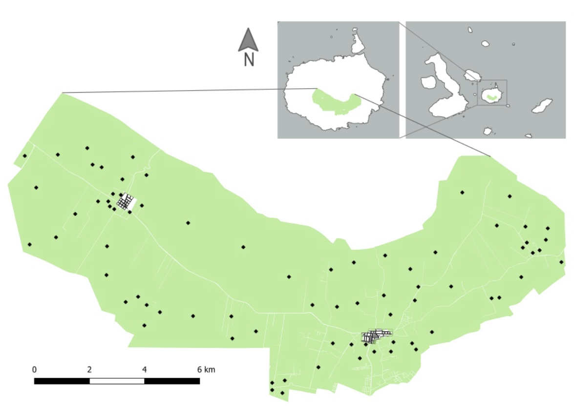 Figura 2 . Ubicación de la zona agropecuaria en la isla Santa Cruz y de Santa Cruz dentro del archipiélago de Galápagos. Los 73 lugares de la encuesta están indicados por diamantes negros. Mapa: Carolina Carrión y Claudio Crespo. Clic para agrandar.
