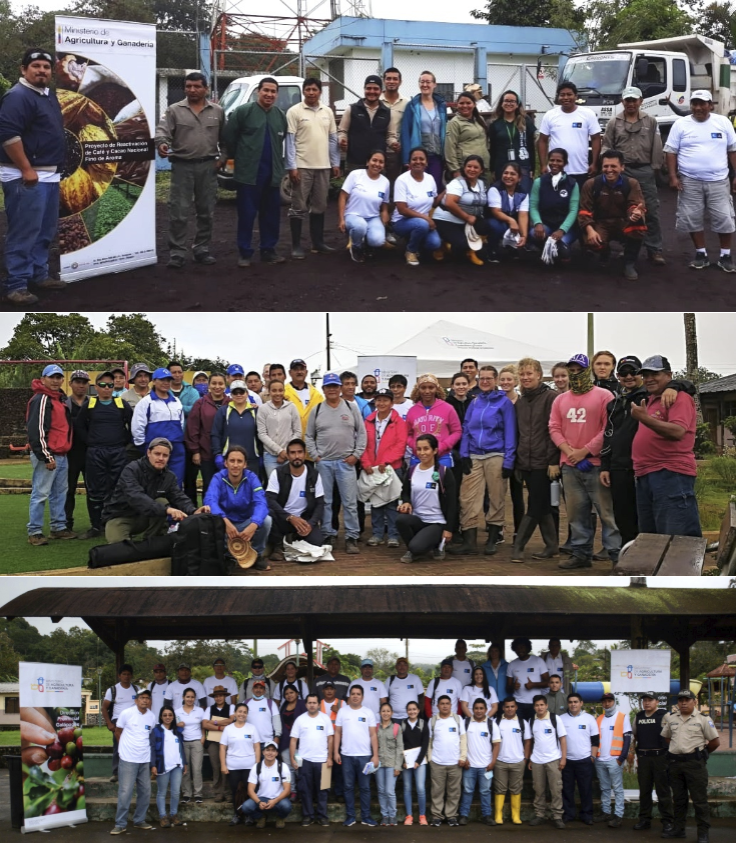 Figure 6 . Participants in the minga on San Cristóbal (left), Isabela (right) and Santa Cruz (top). Photos: Ministry of Agriculture and Livestock (San Cristóbal and Isabela) y Carolina Peñafiel (Santa Cruz)