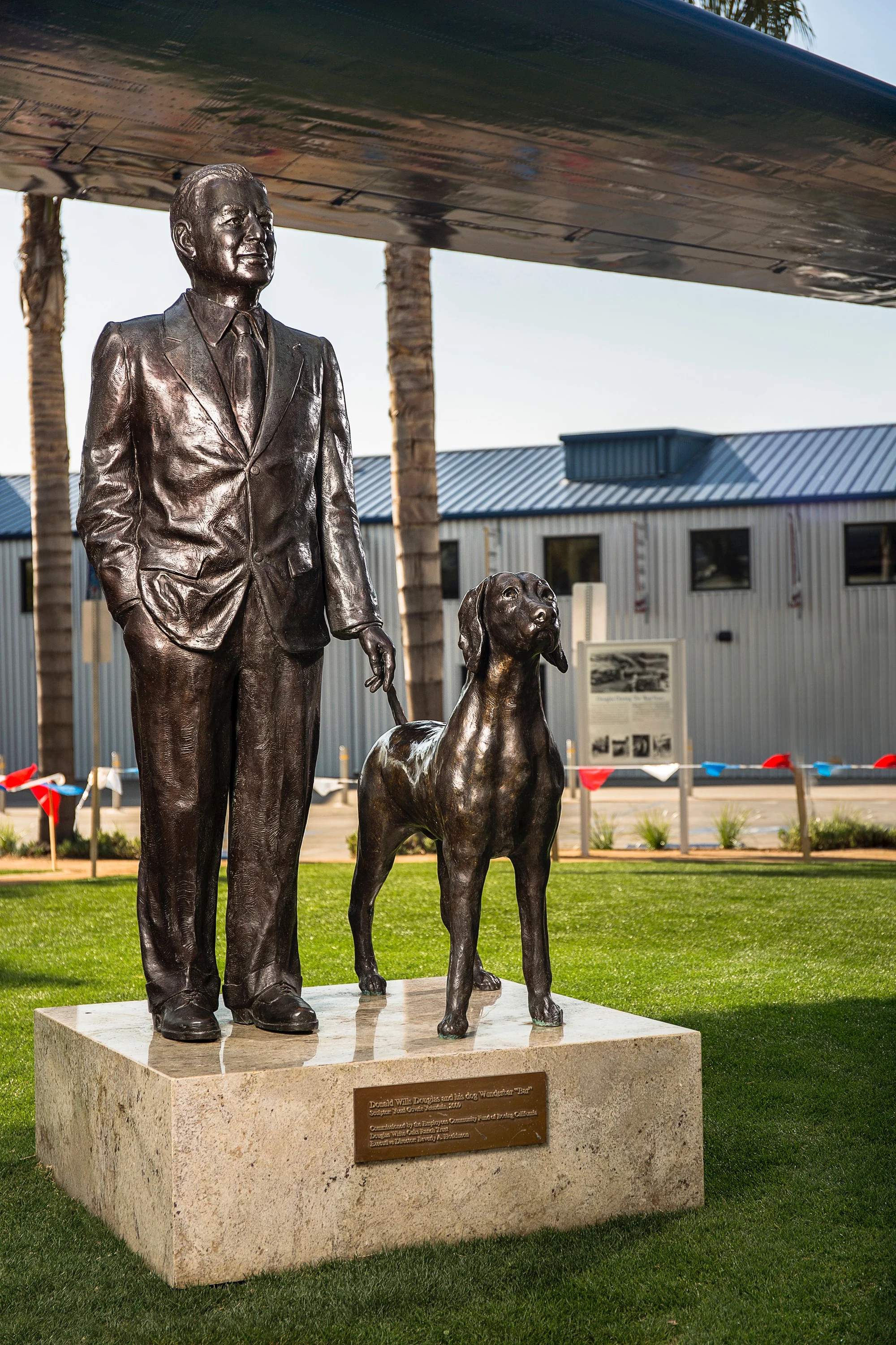 Donald Douglas and his dog Wunderbar, Bronze placed at the Museum of Flying in Santa Monica