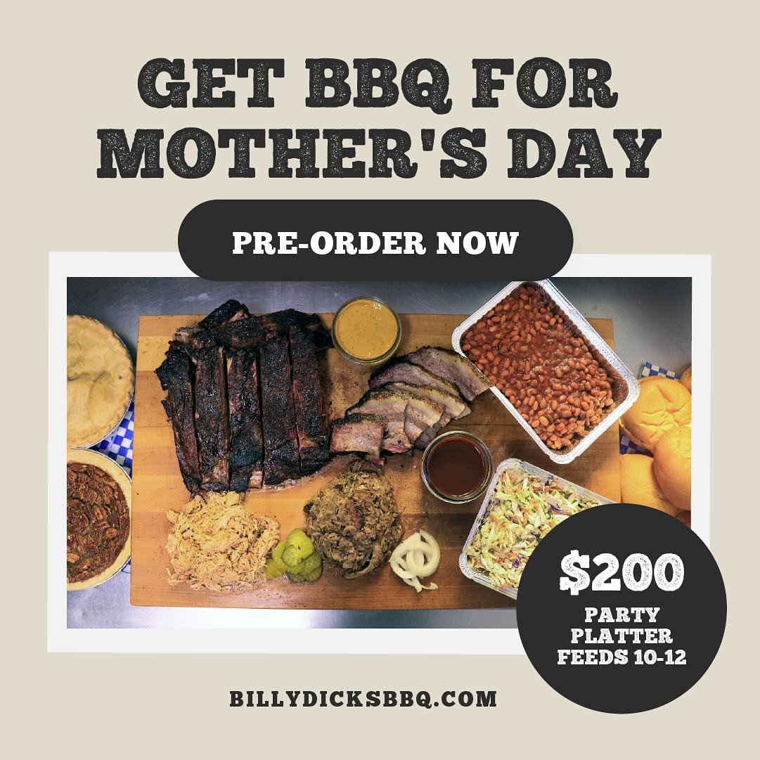 Get barbecue for Mother&rsquo;s Day! 💐🎁 🍽️

Pre-order a platter by Friday, May 10, 2024 for pickup on Mother&rsquo;s Day!

Our barbecue platters include:
- Turkey Breast
- Brisket
- Pulled Pork
- Spare Ribs

All platters come with sides too! 

- B