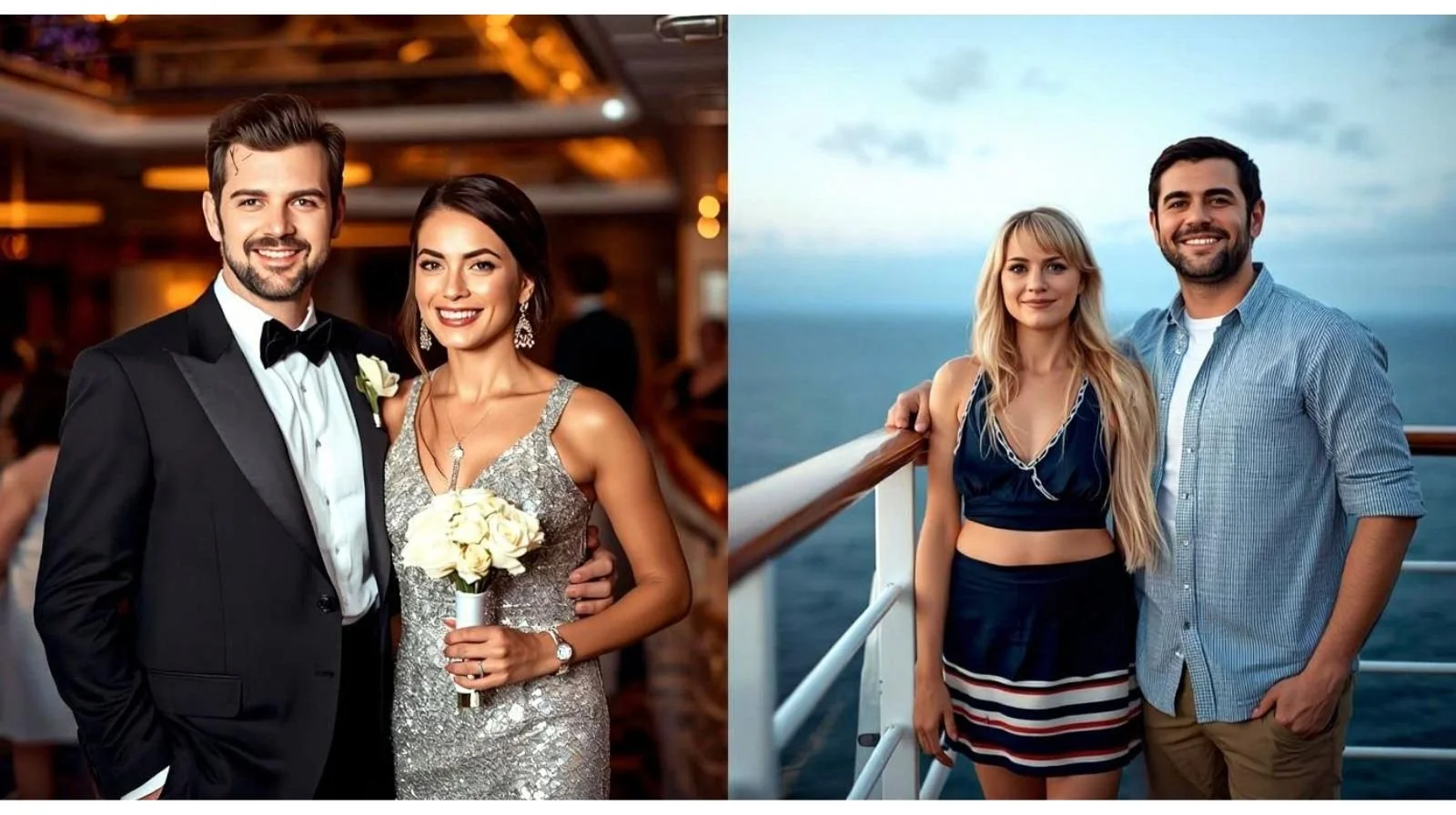 Couple dressed formally and casually on a cruise illustrating dress code flexibility.
