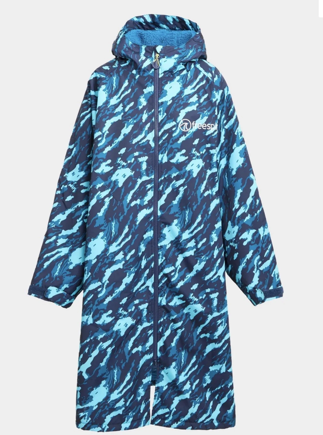 Blue and turquoise print fleece lined aqua robe.
