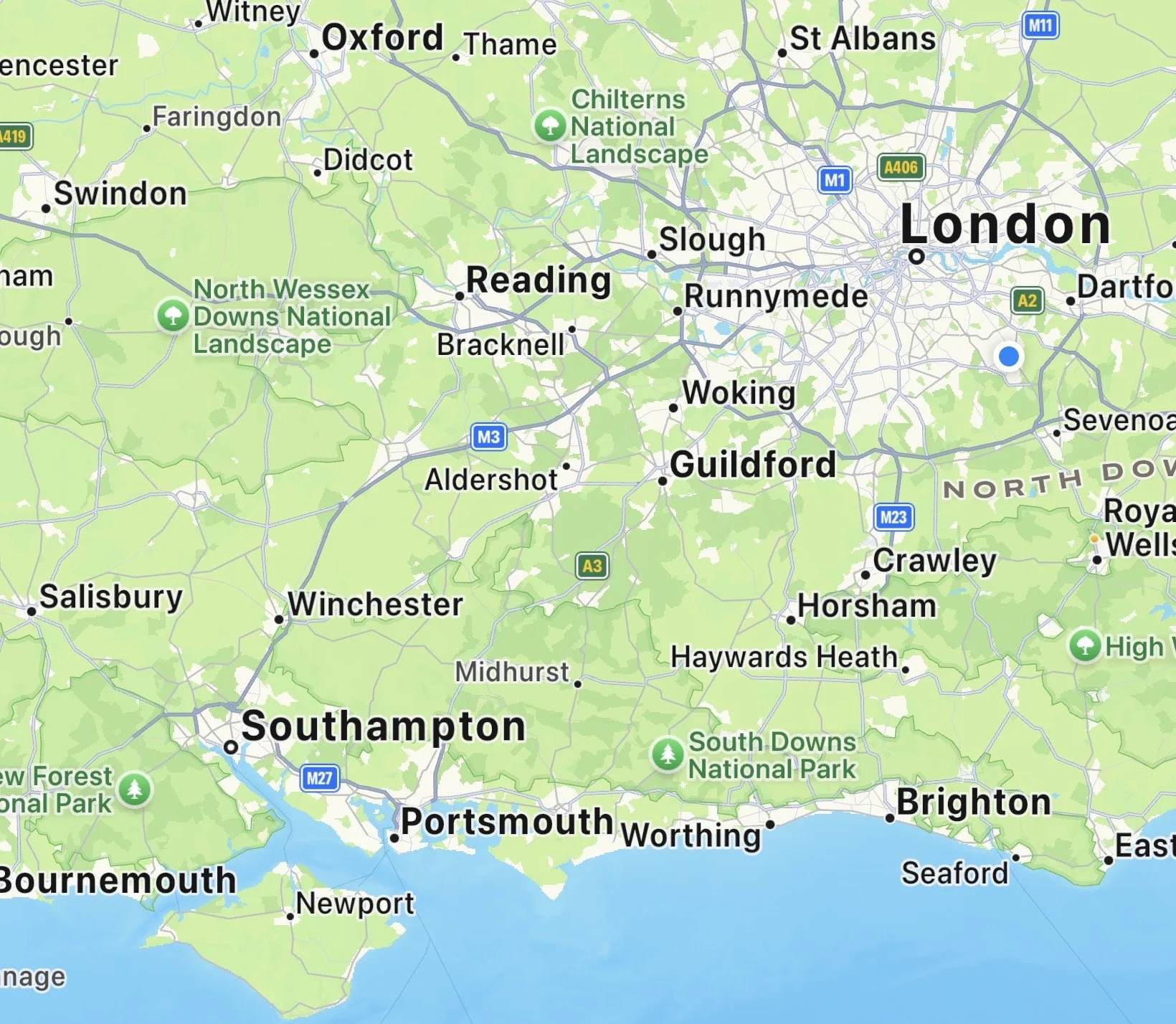 Map showing distance between London and Southampton.