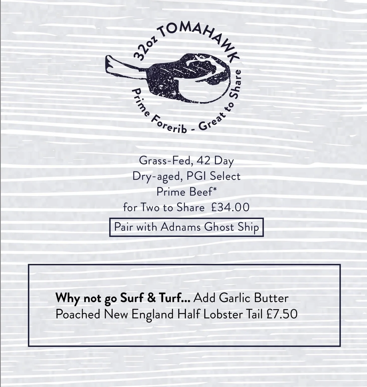 Menu page fr Keel & Cow showing dark blue Image of a tomahawk steak on a grey wood grain effect background