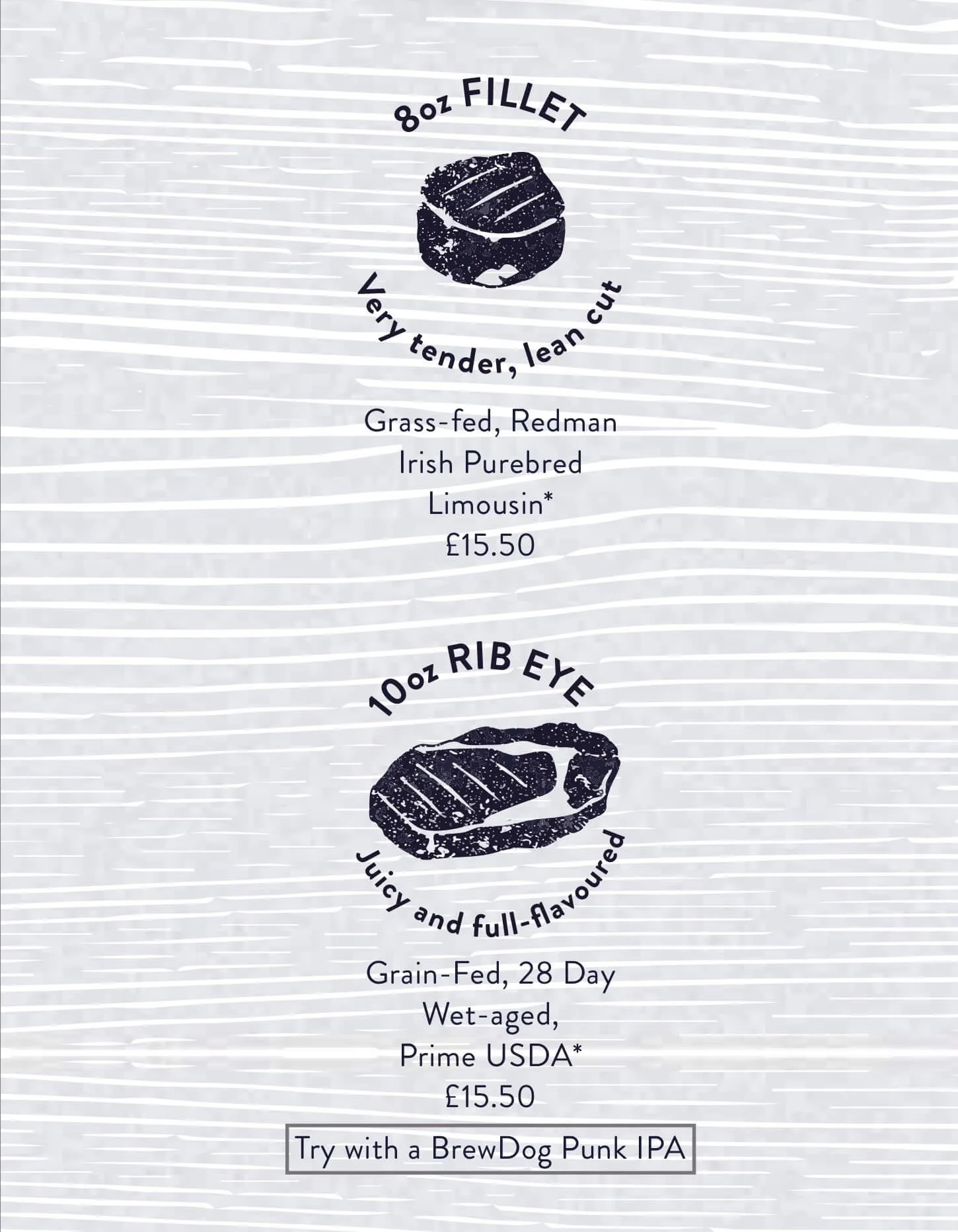 Steak Menu for Keel & Cow with dark blue images of cuts of meat on grey wood grain background