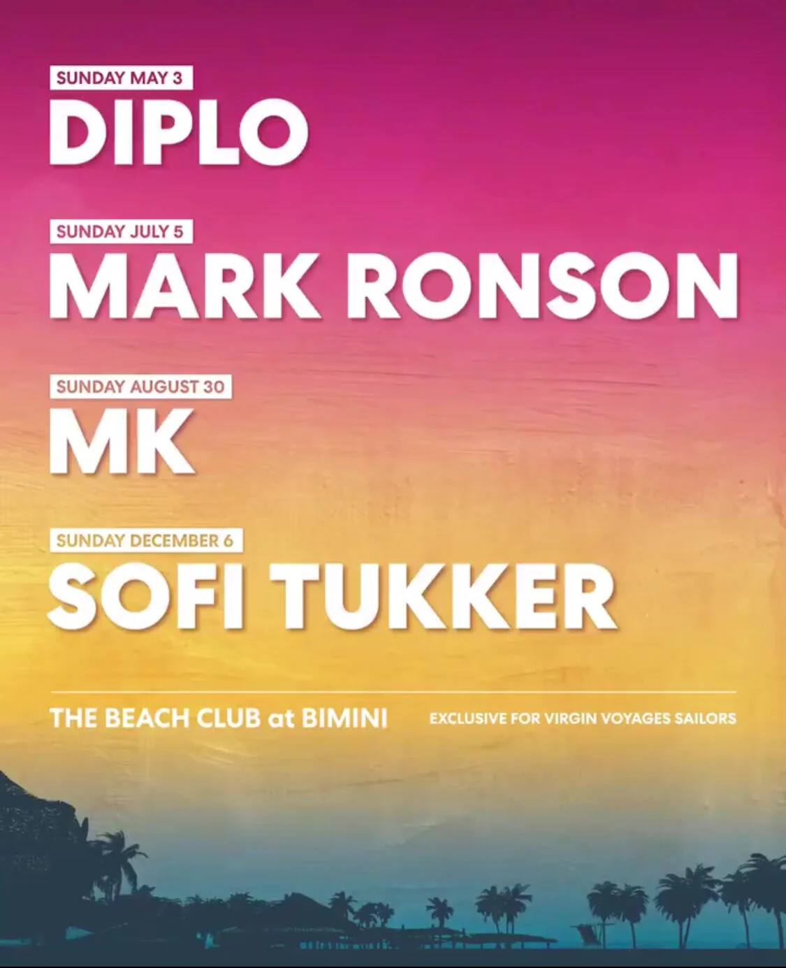 VIRGIN VOYAGES ANNOUNCES ON DECK DJ SCHEDULE AT THE BEACH CLUB AT BIMINI