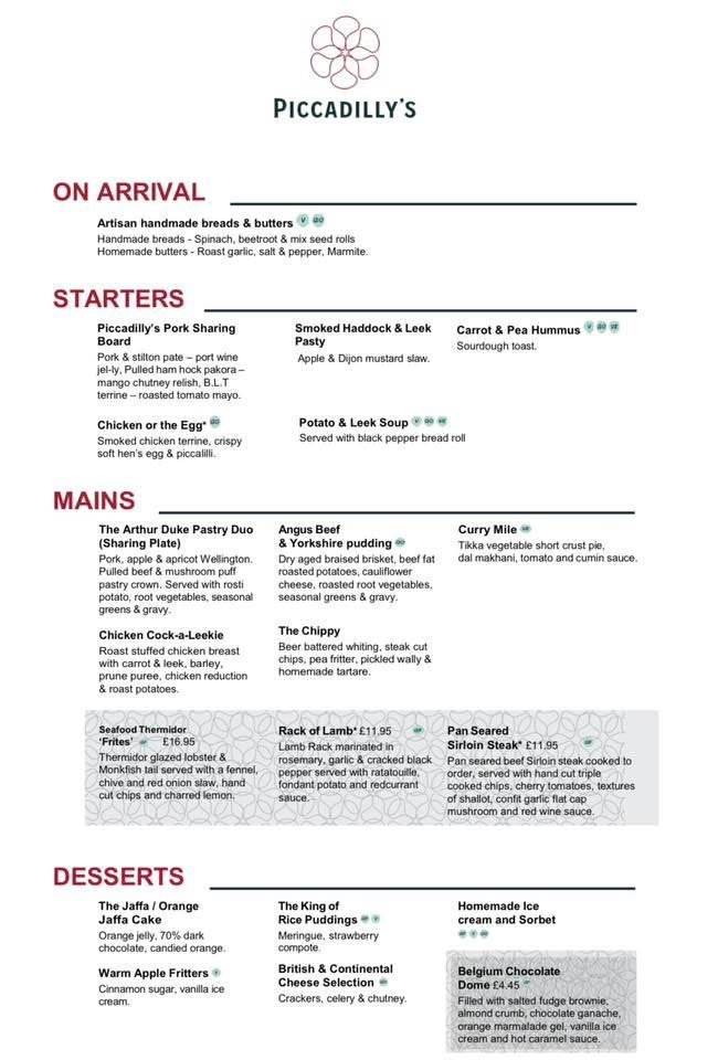 Example Menu Marella Piccadilly