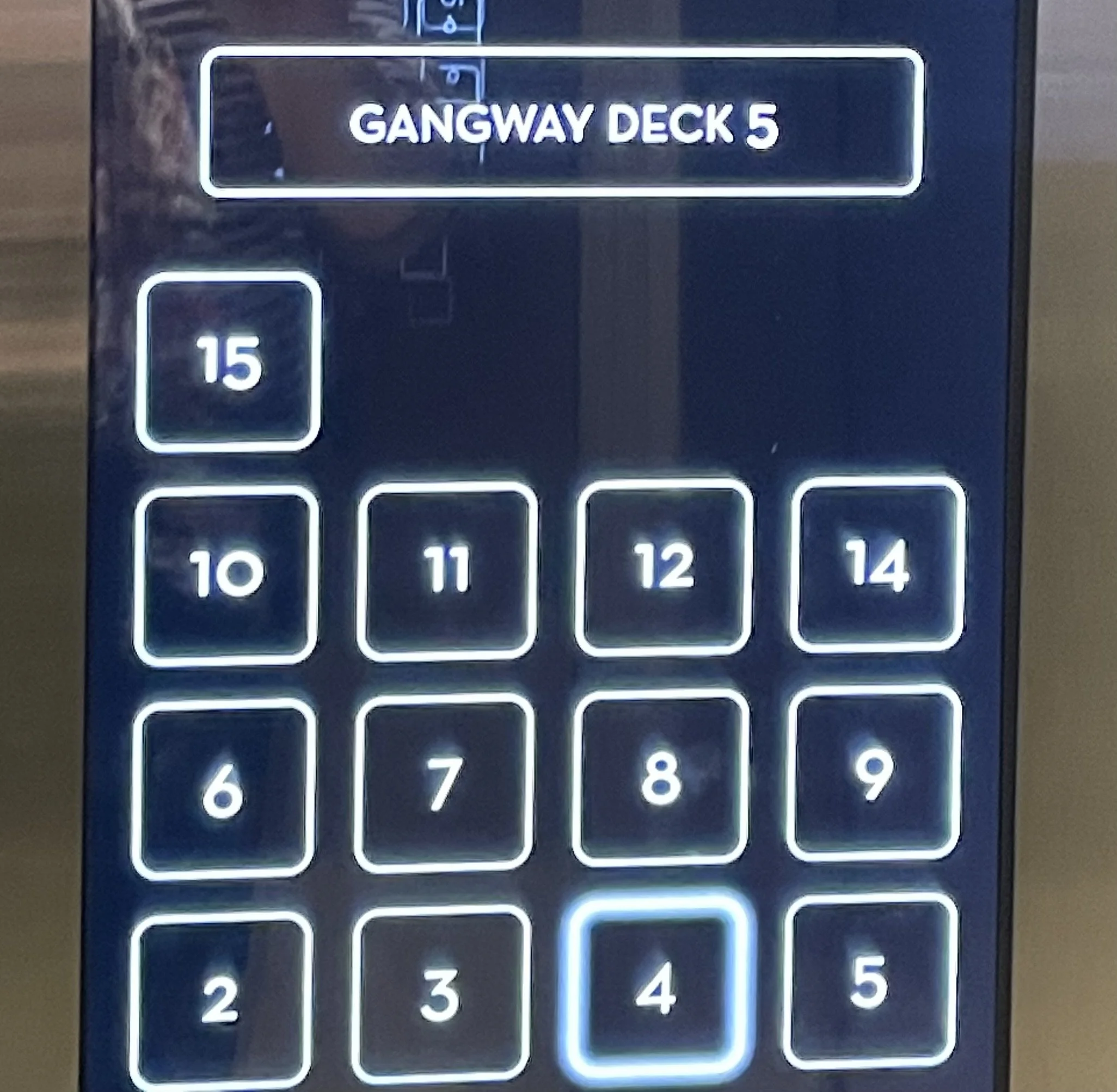 Cruise ship elevator display showing Deck 2 to Deck 15, skipping 13
