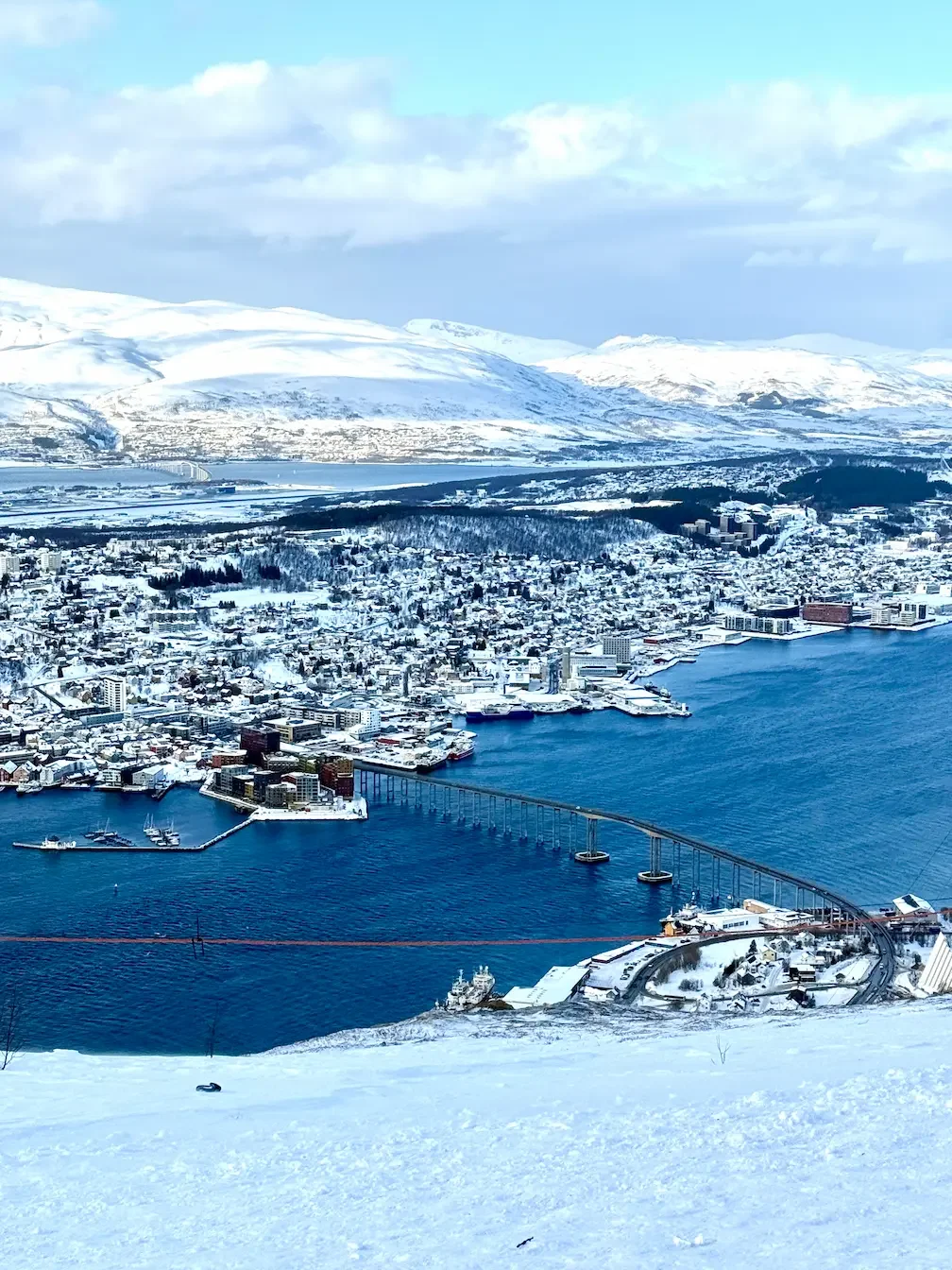 Snowy aerial view of Trõmso, Norway
