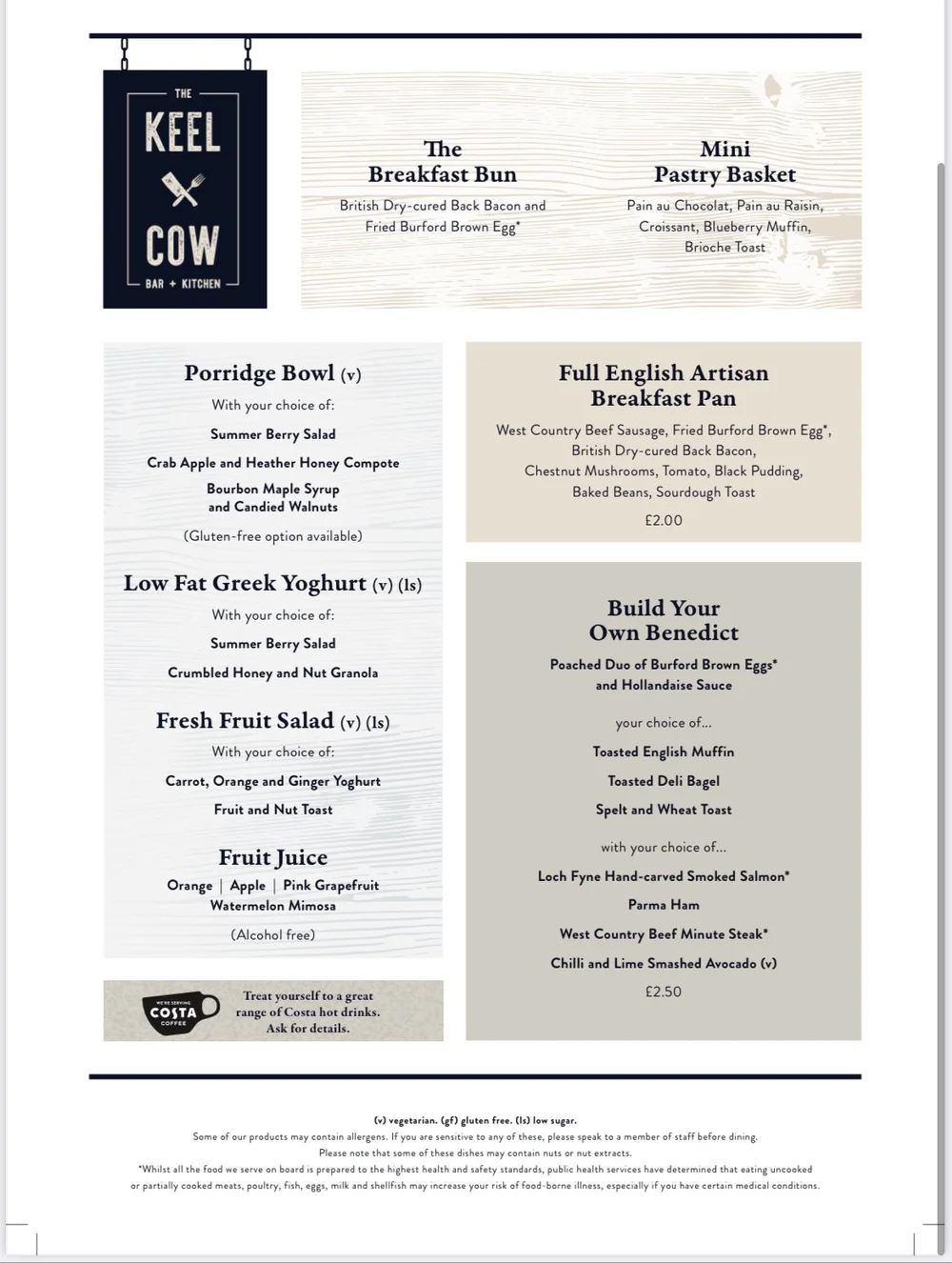 P&O Cruises Keel & Cow Menu