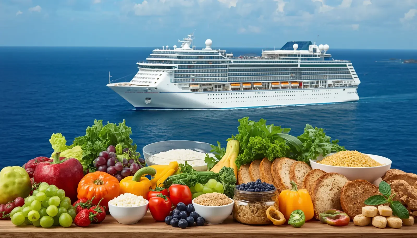Cruise ship at sea with a wooden platter of fresh fruit, vegetables and nutritious gluten-free food in foreground (AI)