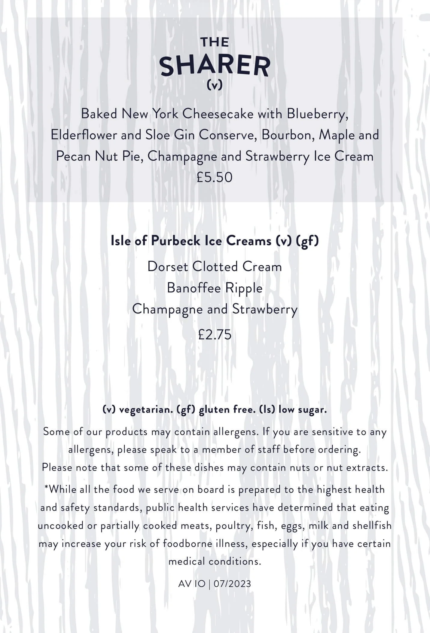 Sharing Dessert menu of Keel & Cow with dark blue text on grey wood grain effect background