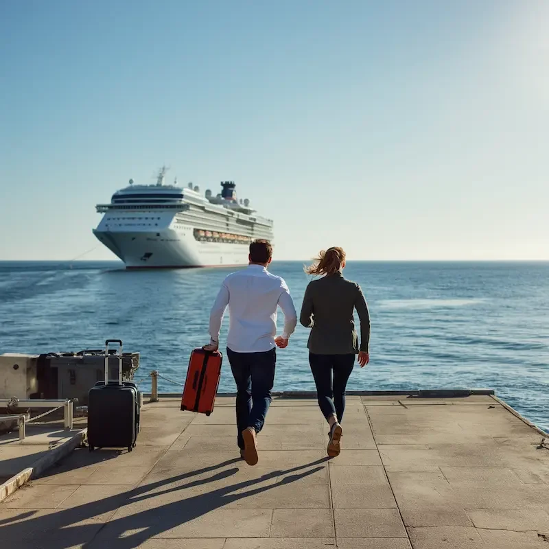A couple standing on the quay with their luggage looking Out to sea as their cruise ship leaves without them - AI