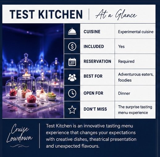 Overview table of Test Kitchen restaurant on Virgin Voyages by Cruise Lowdown