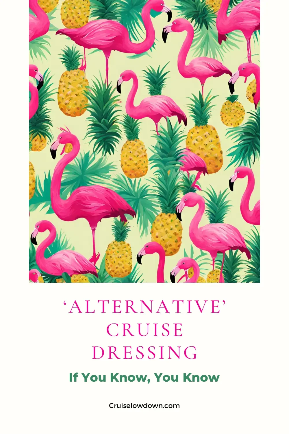 Tropical print of pineapples and pink flamingos and green tropical leaves.