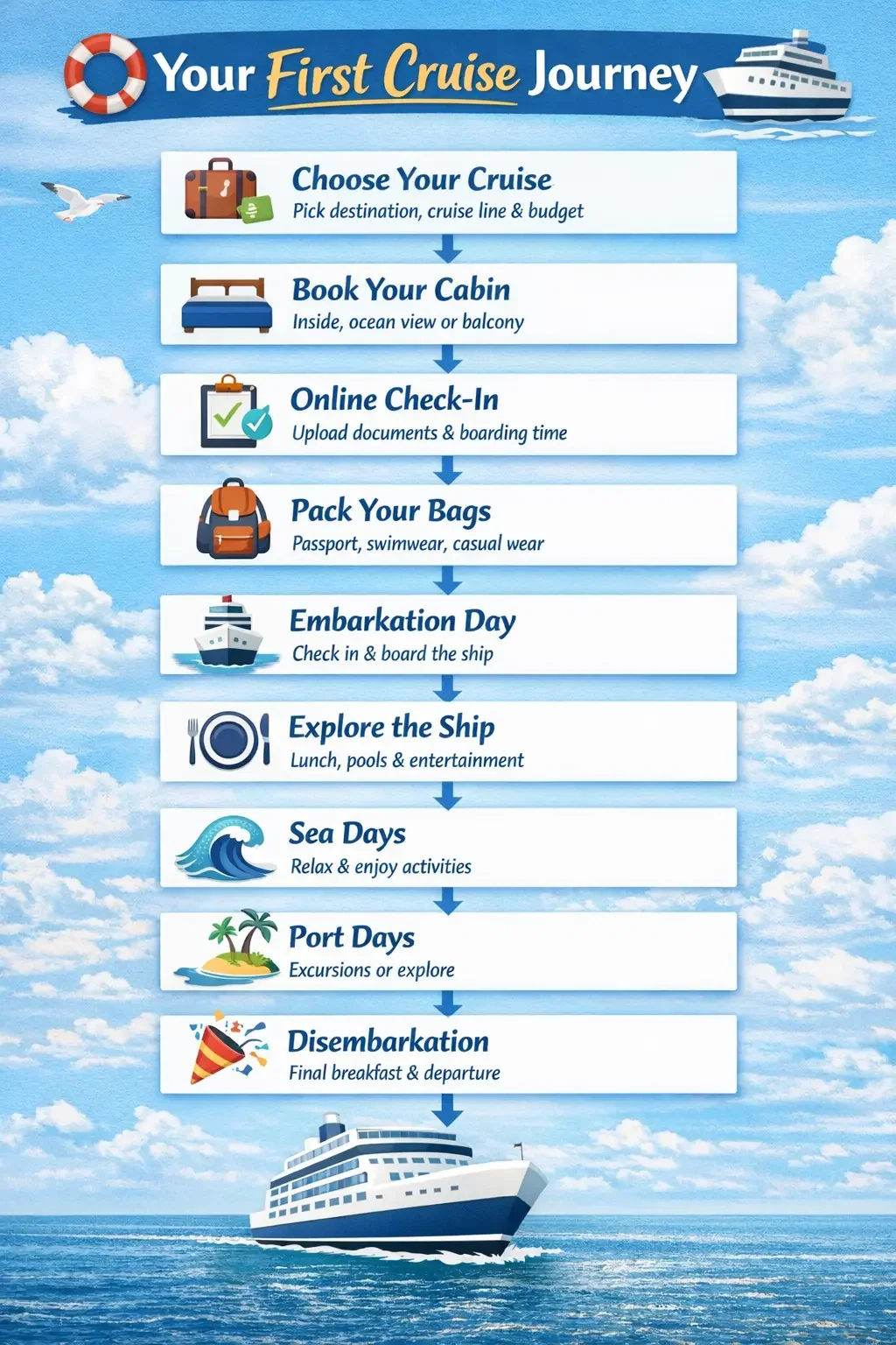 Infographic showing the steps a first time cruiser will take for a successful voyage