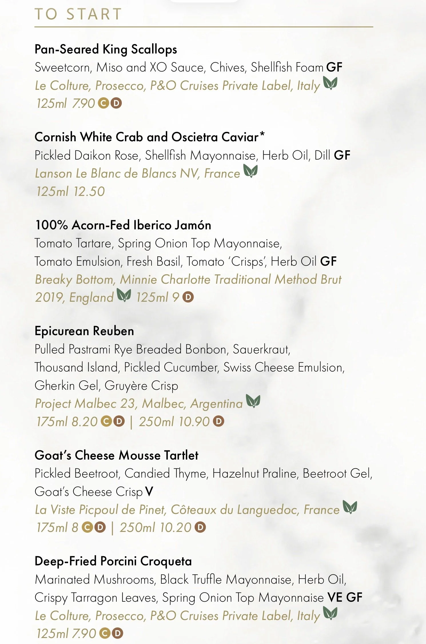 Starters Menu for P&O Cruises Epicurean Speciality Restaurant. Example Menu 1