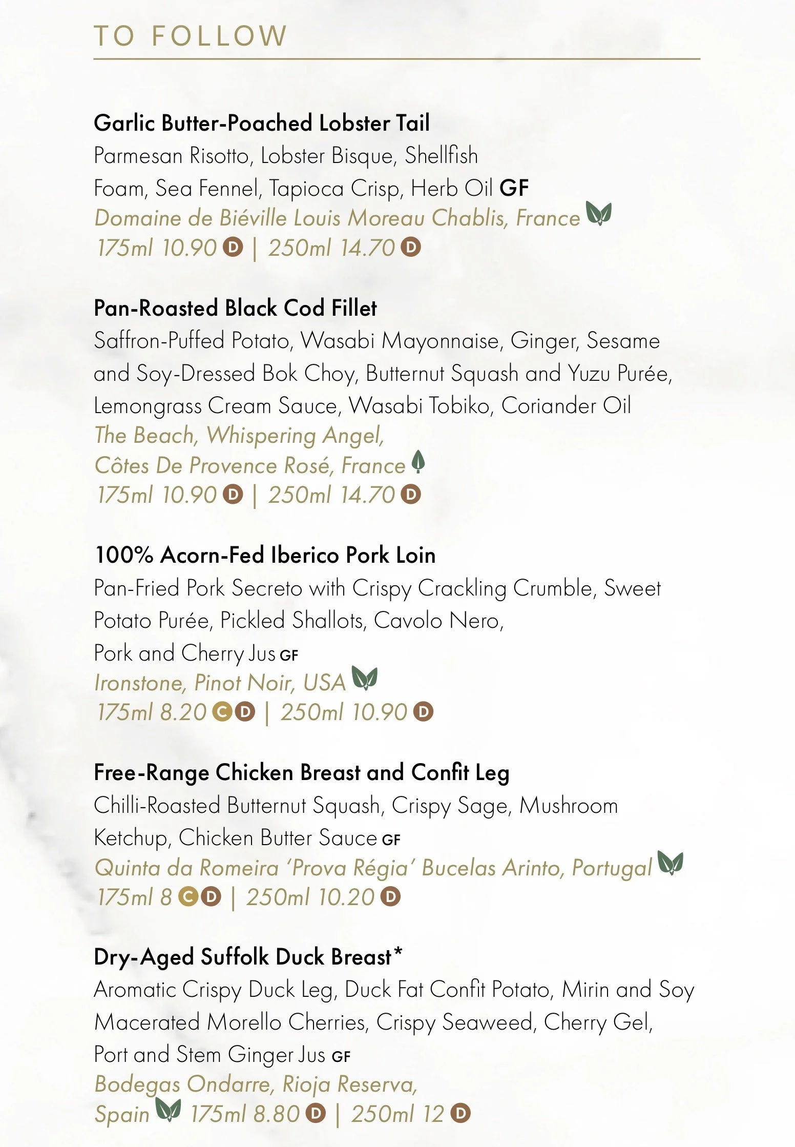 Main or “To Follow” dishes on P&O Cruises Epicurean Menu 1