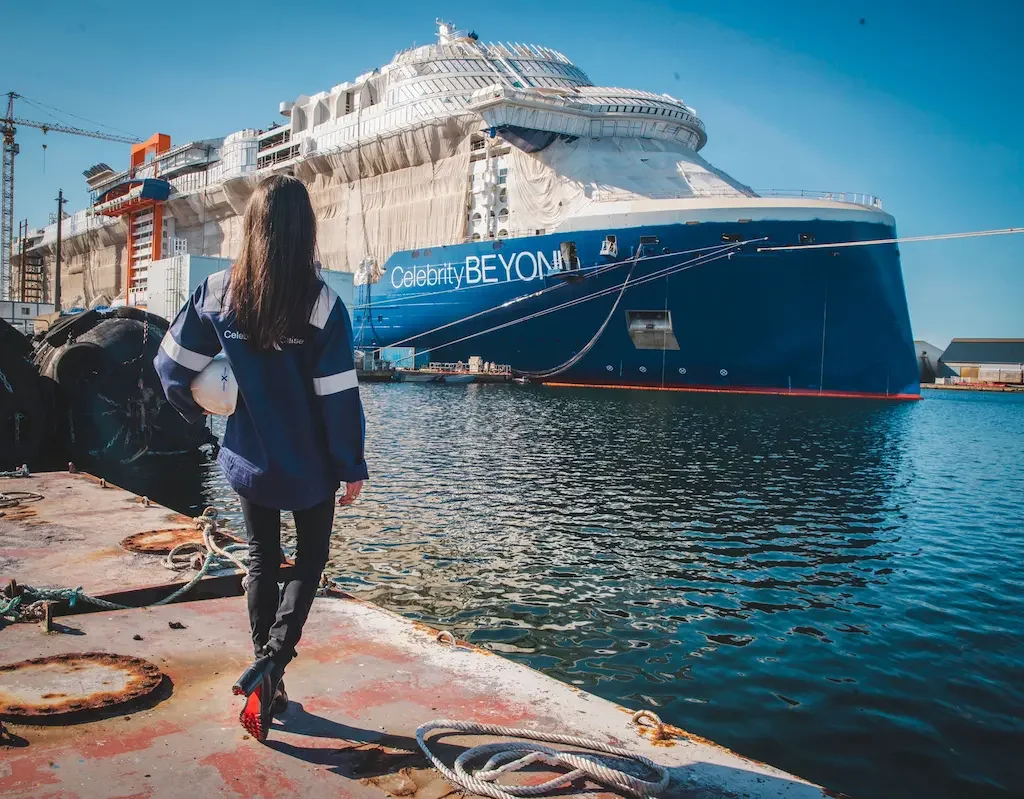 After an illustrious career with Celebrity Cruises Captain Kate McCue was appointed master of flagship Celebrity Beyond. Captain Kate looking at new Celebrity Beyond during construction.