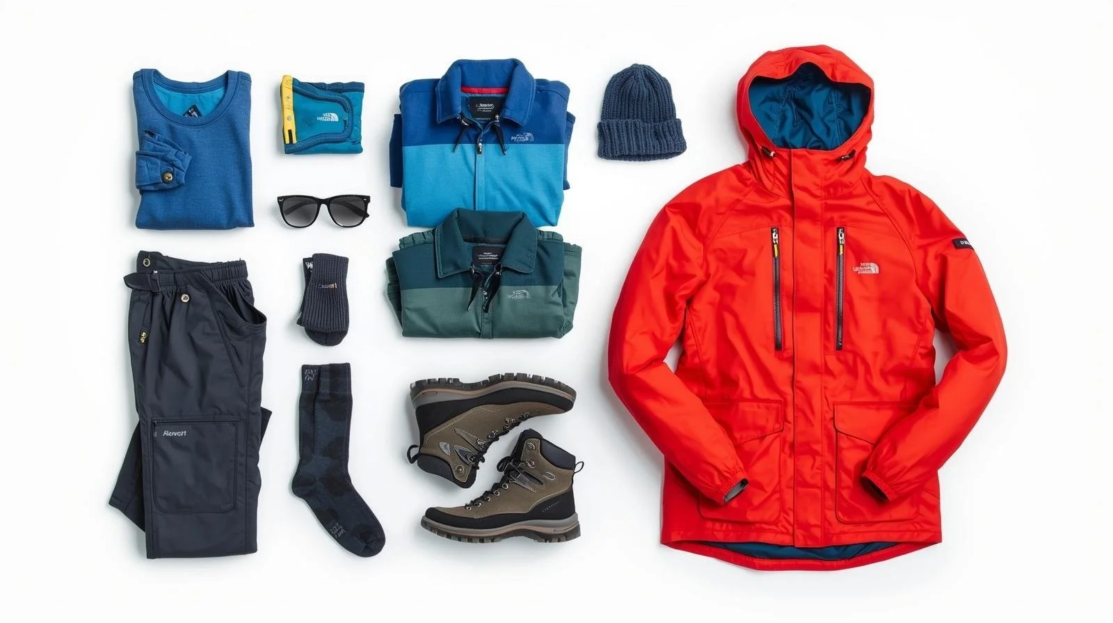 Flat Lay image of suggested clothing for an Arctic expedition cruise
