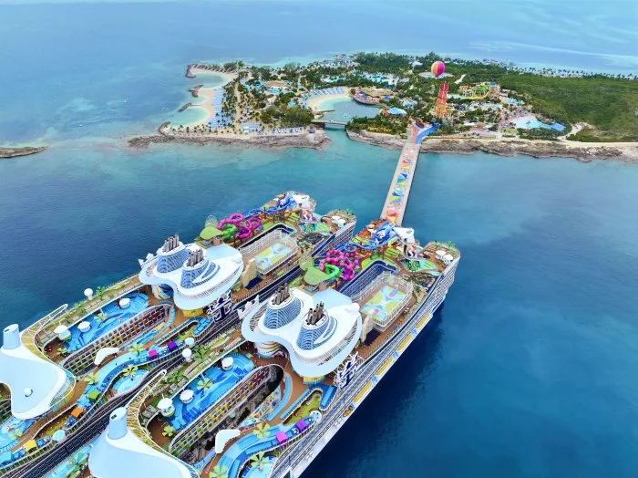 Sister ships Royal Caribbean’s Icon and Star of the Seas, met for the first time at Royal Caribbean’s top-rated Perfect Day at CocoCay in The Bahamas. Show Less