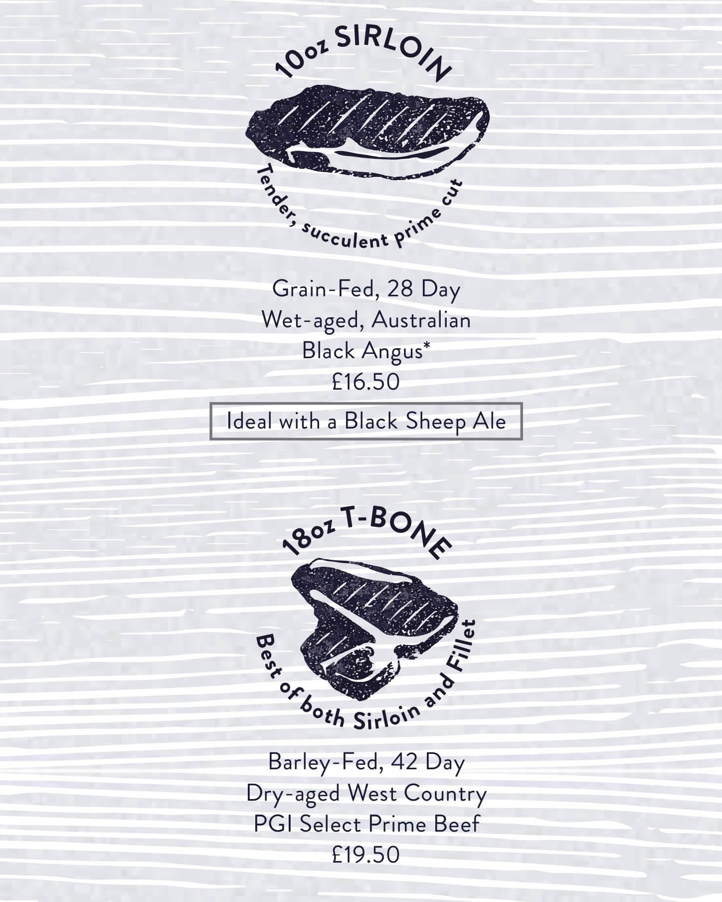 Further steak menu options shown with dark blue images of meat cuts on grey wood grain effects background