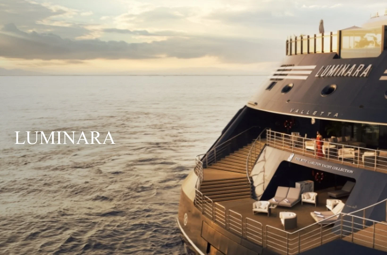 Promotional photo showing exterior of aft of Ritz Carlton Colle Timon luxury new yacht Ritz Carlton Luminara