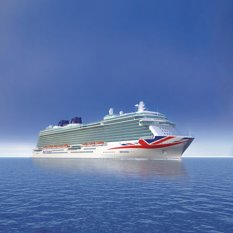 Exterior view of P&O Cruises Britannia cruise ship at sea.