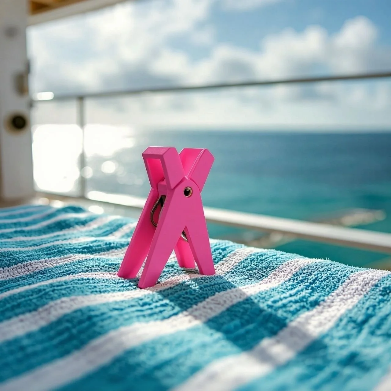 Pink Jumbo Towel peg on a striped beach towel on cruise balcony with ocean in background