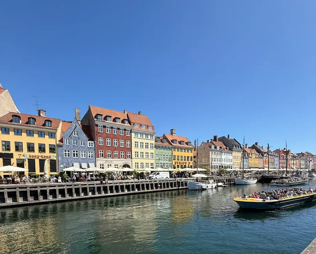 A view of the colourful old buildings alongside the river in Copenhagen