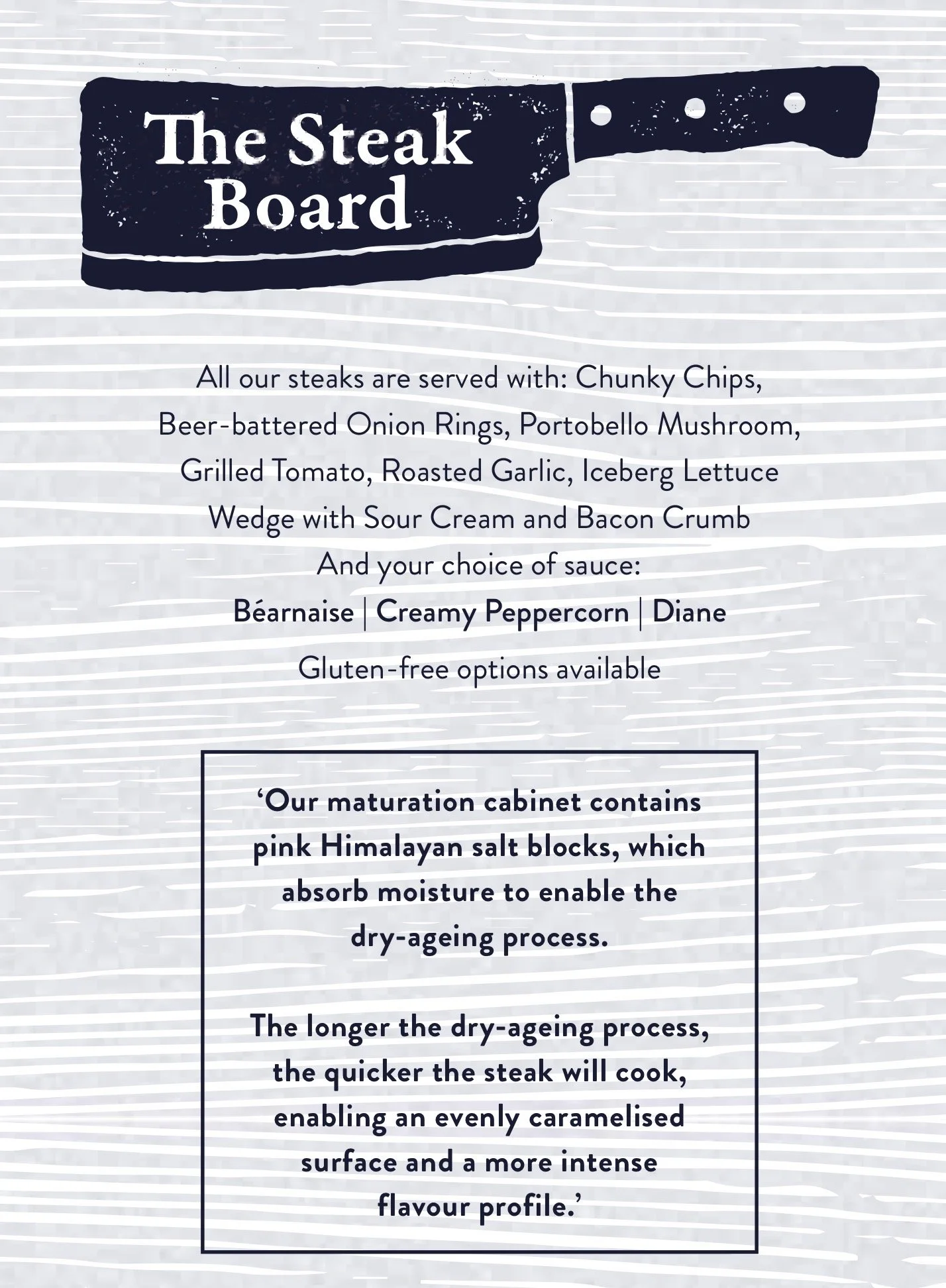 Steak board Menu page for Keel & Cow with dark blue image of meat cleaver with text overly in white on grey wood grain effect background