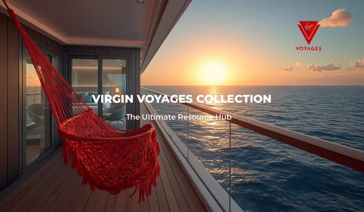 Cruise Lowdown’s Virgin Voyages Resource Hub Hero Image depicting a cruise ship  balcony at sea at sunset featuring the iconic Virgin Voyages’ iconic scarlet hammock