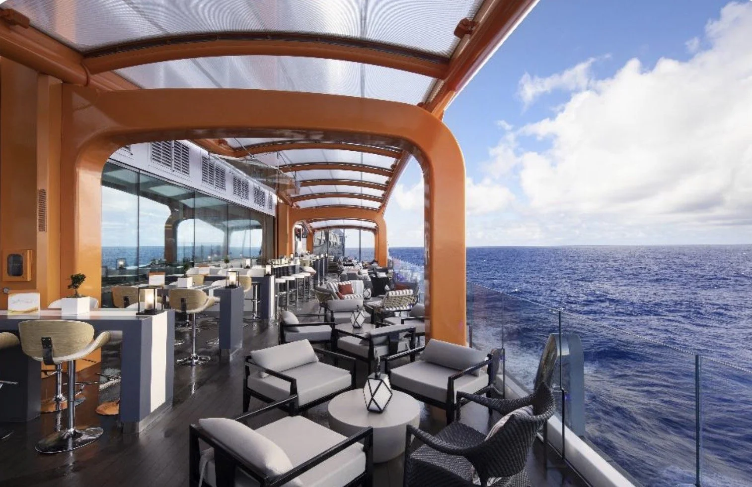 Magic Carpet on Celebrity Beyond on Deck 14 in the daytime is an extension of main pool area