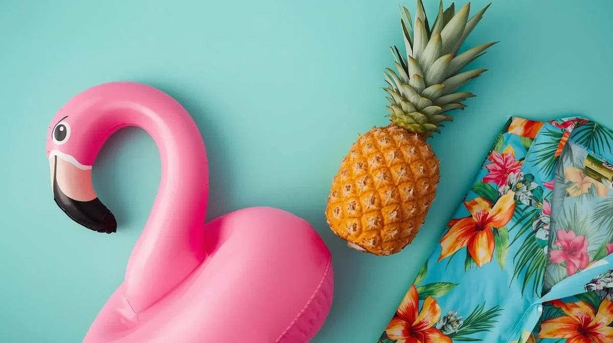 A Inflatable flamingo, a pineapple and Hawaiian Shirt