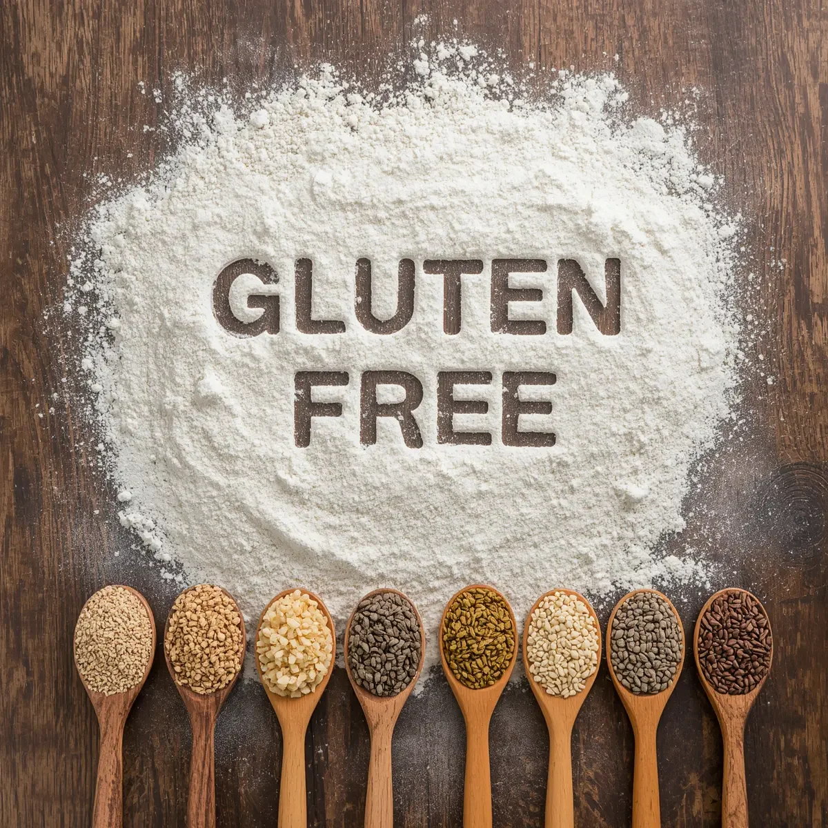 Flat lay image of Gluten free written in flour on wooden chopping board and wooden spoons of various gluten free flour alternatives (AI)