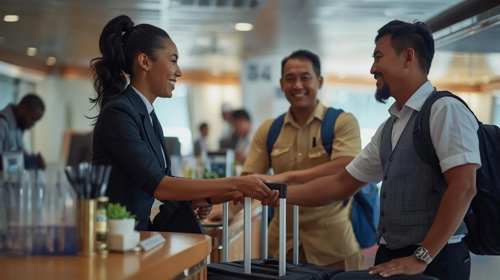 Cruise ship crew helping passengers, highlighting polite interactions and onboard social norms