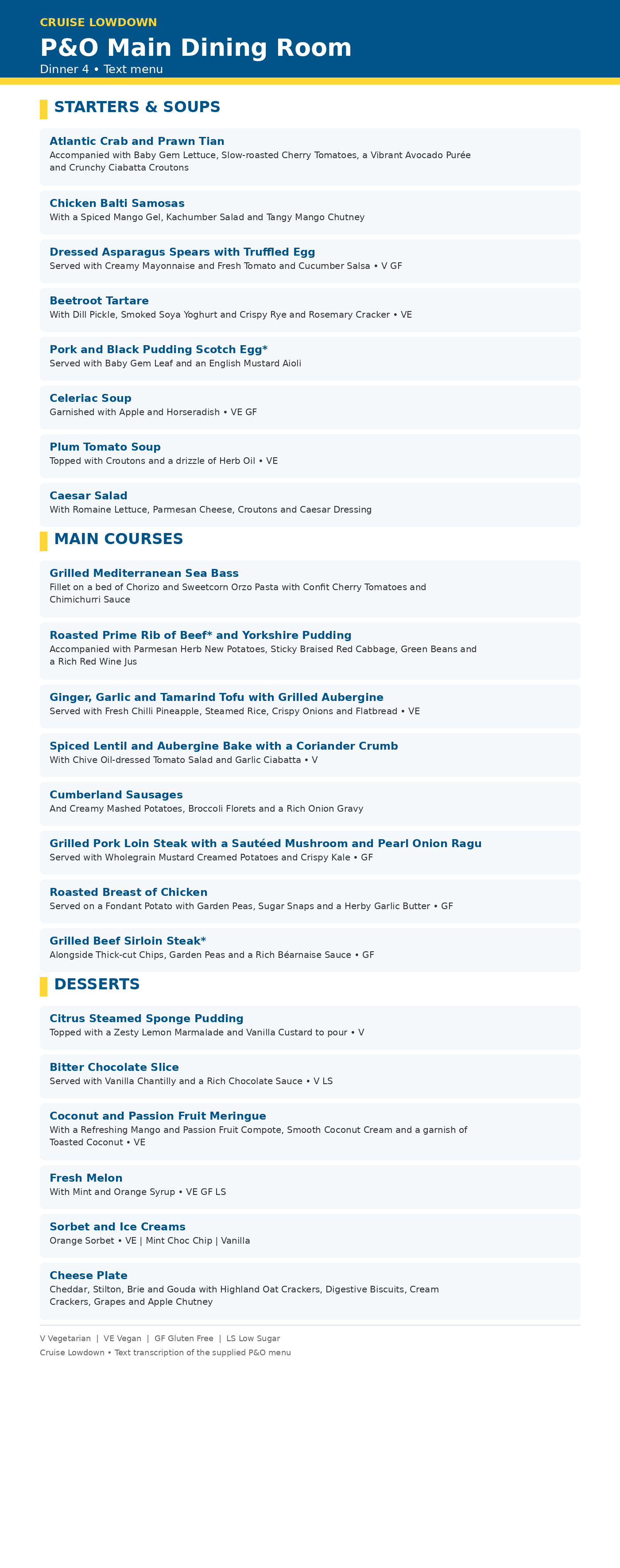 One of the new p&O Cruises Main Dining Room Dinner menu A transcribed for easy reading.