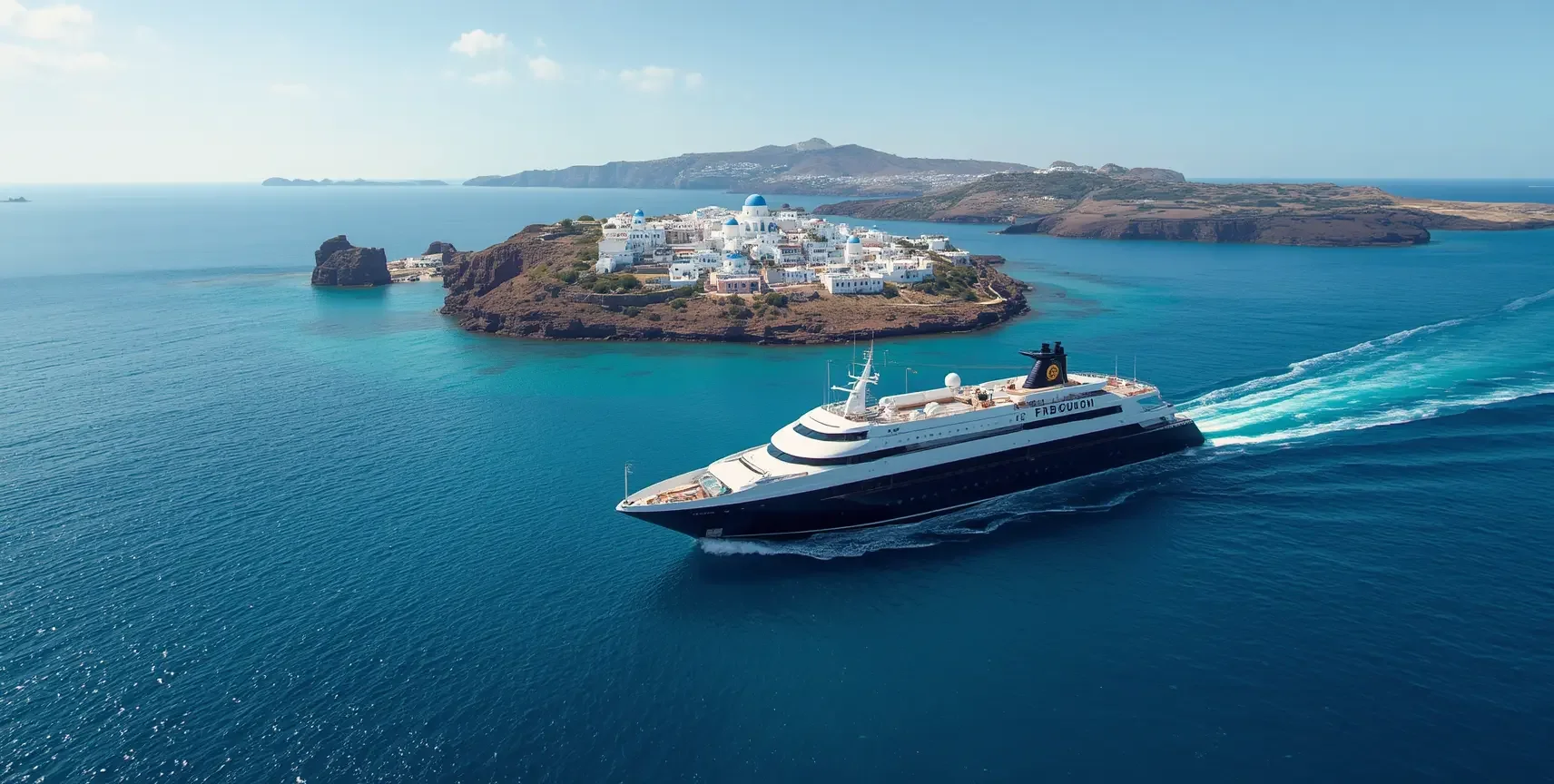 Cruise ship sailing in Greek islands past a typical Greek village (AI)