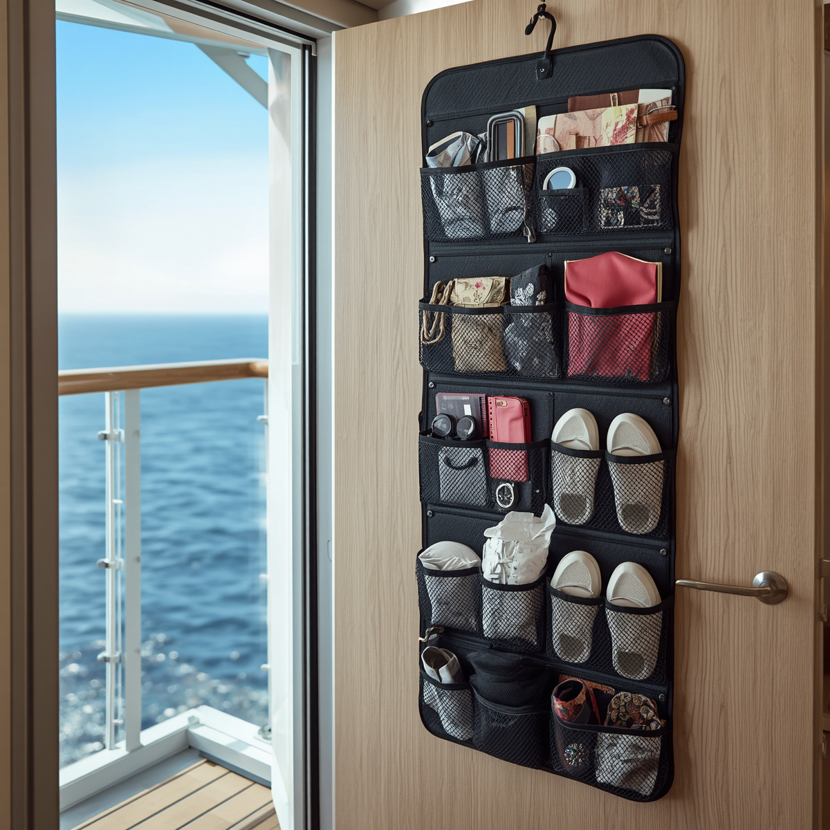 Pocket over door organiser in a cruise cabin with sea in background