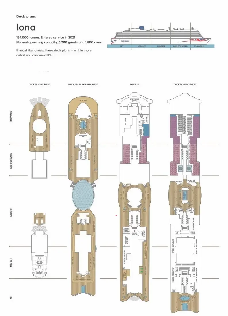 P&O Cruises Iona deck plans showing top decks 19-16 updated 2026